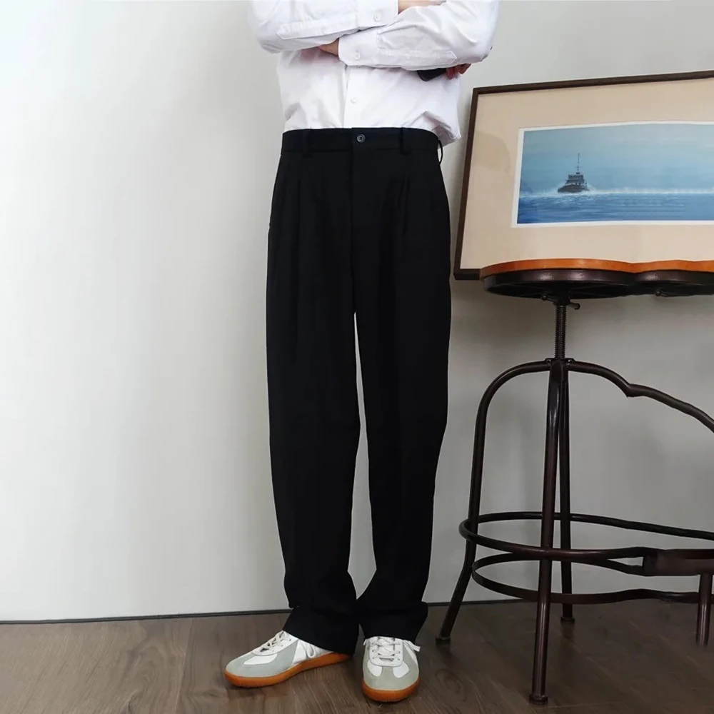 Men Cotton Trousers British Elegant Pleated Casual Pants Autumn Business Commuting Retro Daily Straight Pant Men'S Clothing 2024