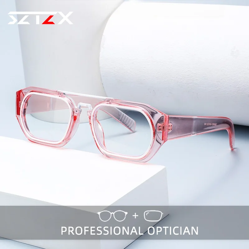 

SZTZX Trendy Two-Tone Anti Blue Light Myopia Glasses Oversize Frame Rectangle Progressive Prescription Optical Reading Glasses