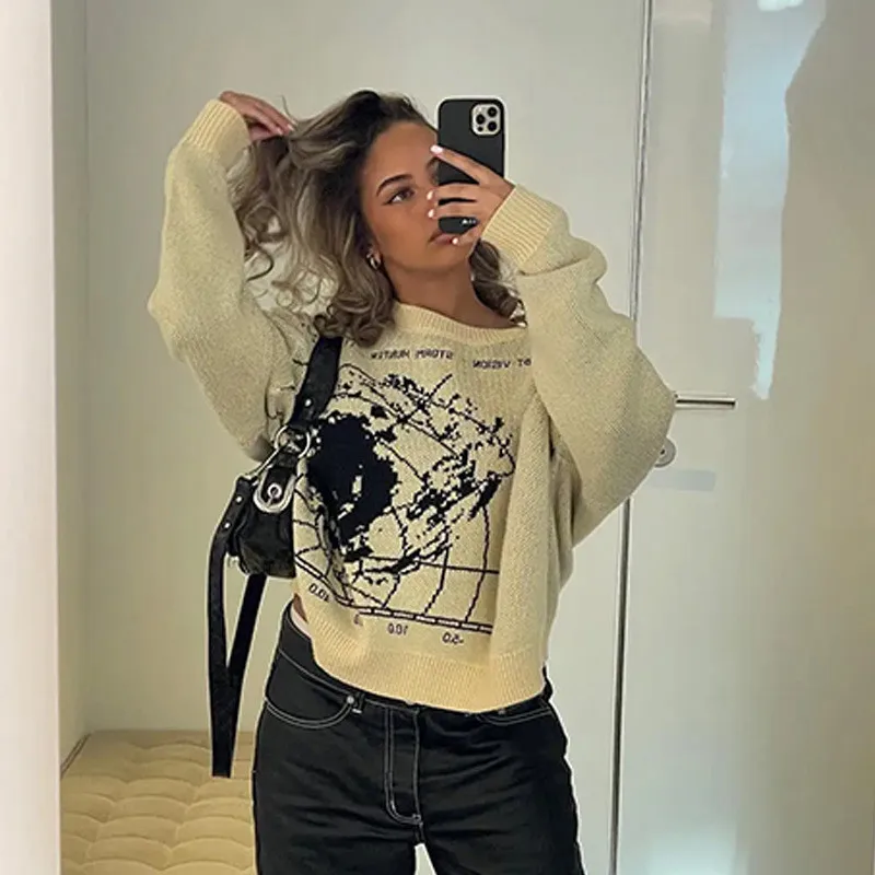 2023 nuovo autunno e inverno transfrontaliero Europa e America mappa del vento lavoro a maglia moda allentata Joker girocollo pullover manica lunga