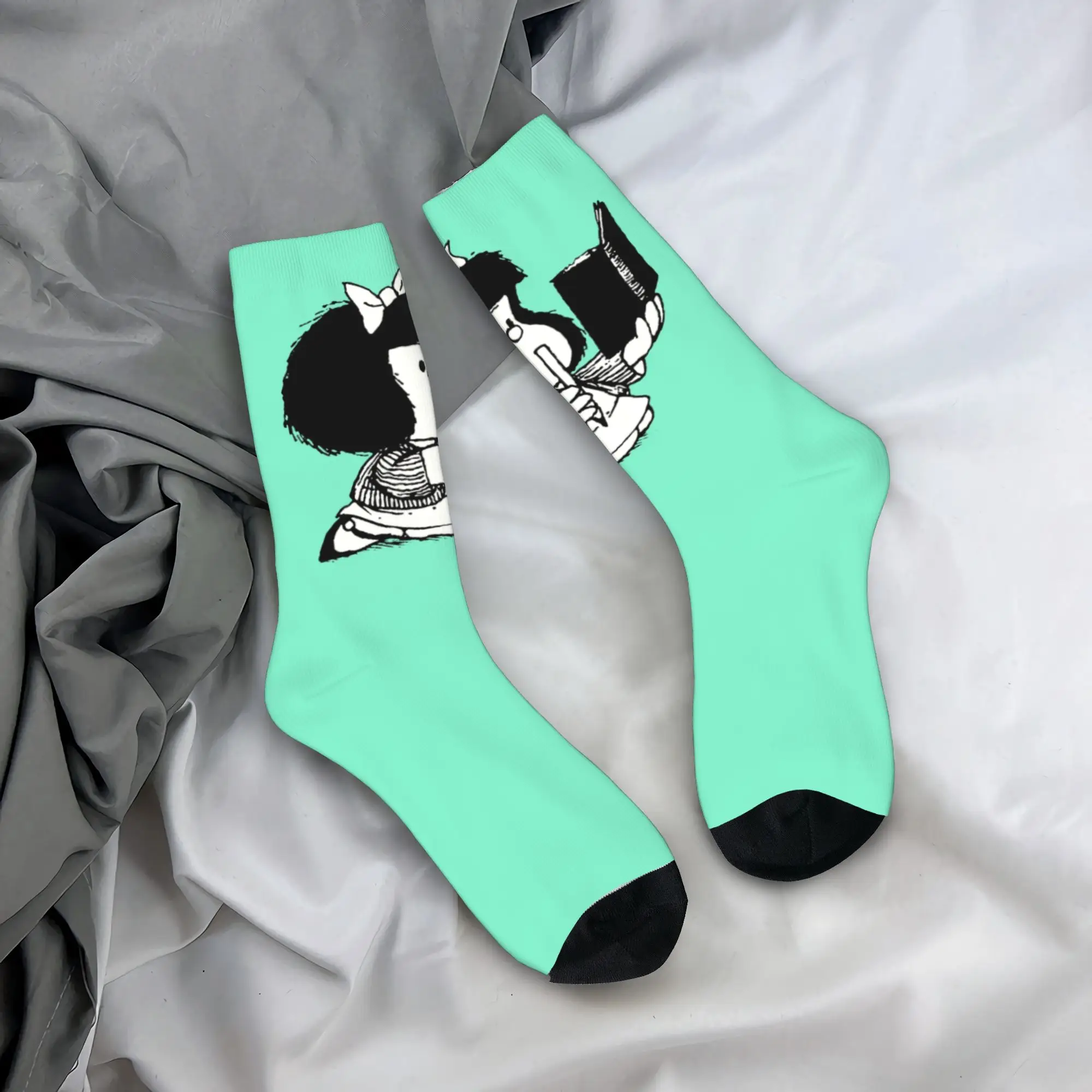 Calcetines Personalizados con Estampado Novedoso de Mafalda Leyendo su Libro, para Hombre y Mujer, Elásticos, para Verano, Otoño e Invierno, Calcetines Kawaii de Dibujos Animados y Manga