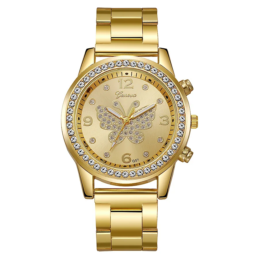 Luxury Casual Round Rhinestone Butterfly Quartz Wristwatch Fashion Ladies Business Steel Belt Diamond Watch Relogio Feminino