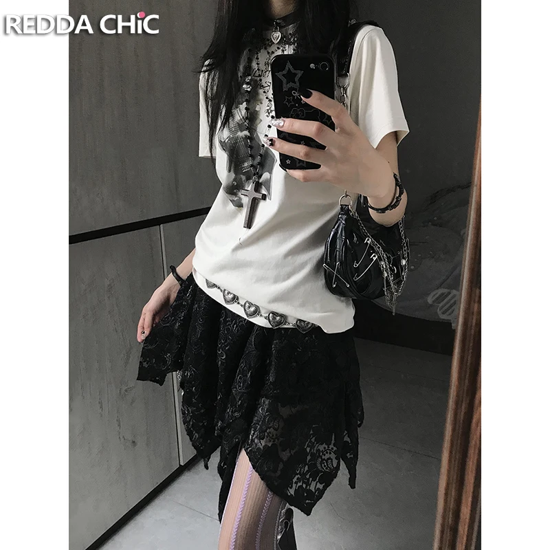 

ReddaChic асимметричная многоярусная юбка с рюшами в готическом стиле, панк, черная кружевная мини-юбка с цветочным принтом и эластичной резинкой на талии, Harajuku, женская уличная одежда в стиле ретро