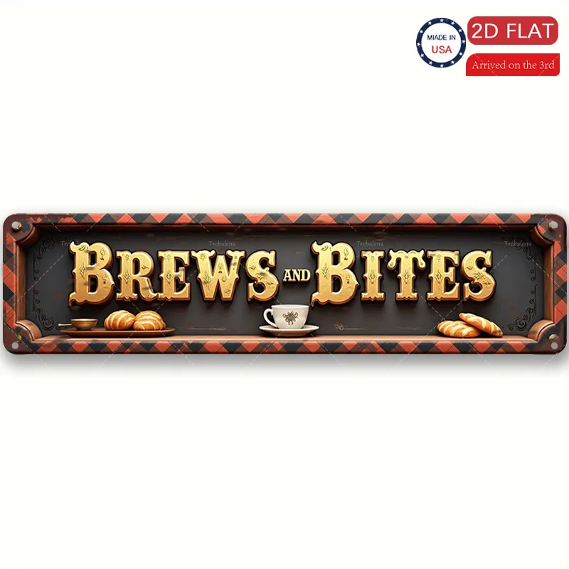 قطعة واحدة من لافتة معدنية، مقاس 4 × 16 بوصة "علامة "Brews and Bites" لديكور المقهى - فن معدني على الطراز العتيق"