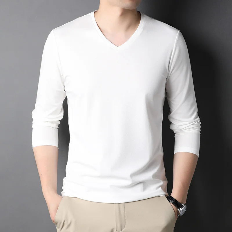 

Spring Men's Casual Solid Color Long Sleeve T-Shirt Mulberry Silk Fabric High Quality Business V-neck Bottoming Shirt Male Brand