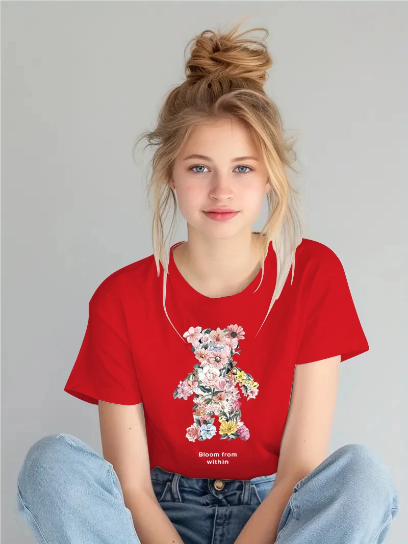 

Kids Fashion Flower And Bear Print Casual Short Sleeve Cotton Creative Comfy Casual Trendy Summer T-Shirt Top