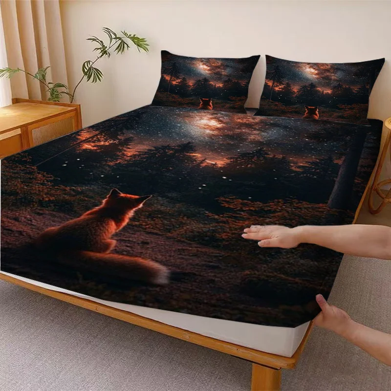 Forest Fox Gazing at the Stars Bed Sheet Mattress Protector Breathable Polyester Material (Includes 1 Fitted Sheet + 2 Pillowcases) Mattress Protector Fitted Elastic Style Protective Cover Mattress Protector, Fitted Bedding Set Christmas Themed Bedding Baby Bedding Suitable for Nursery Room