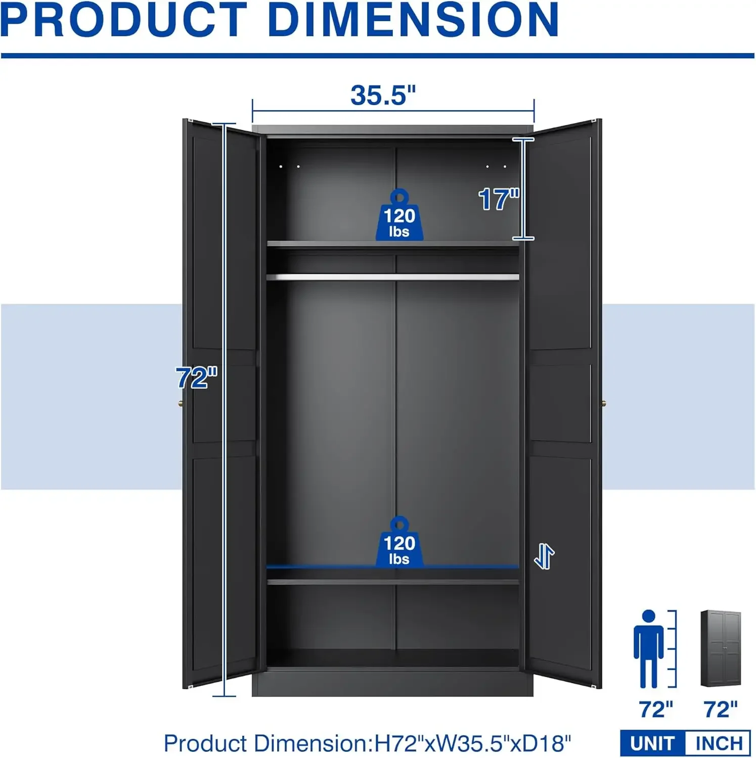 Armoire Wardrobe Closet with 2 Doors 72'' Wardrobe Cabinet with Hanging Rail Metal Closet with Adjustable Shelves for Bedroom Re