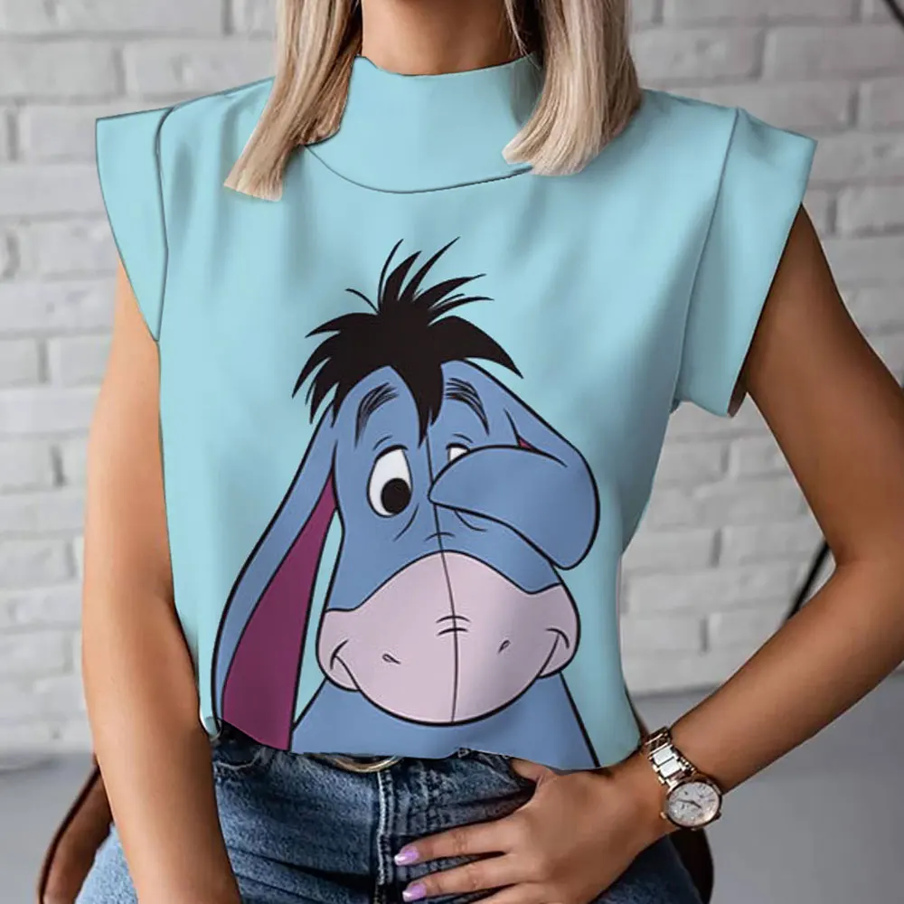 New high collar short sleeve Winnie the Pooh cartoon women's high collar T-shirt fashionable and comfortable casual short sleeve