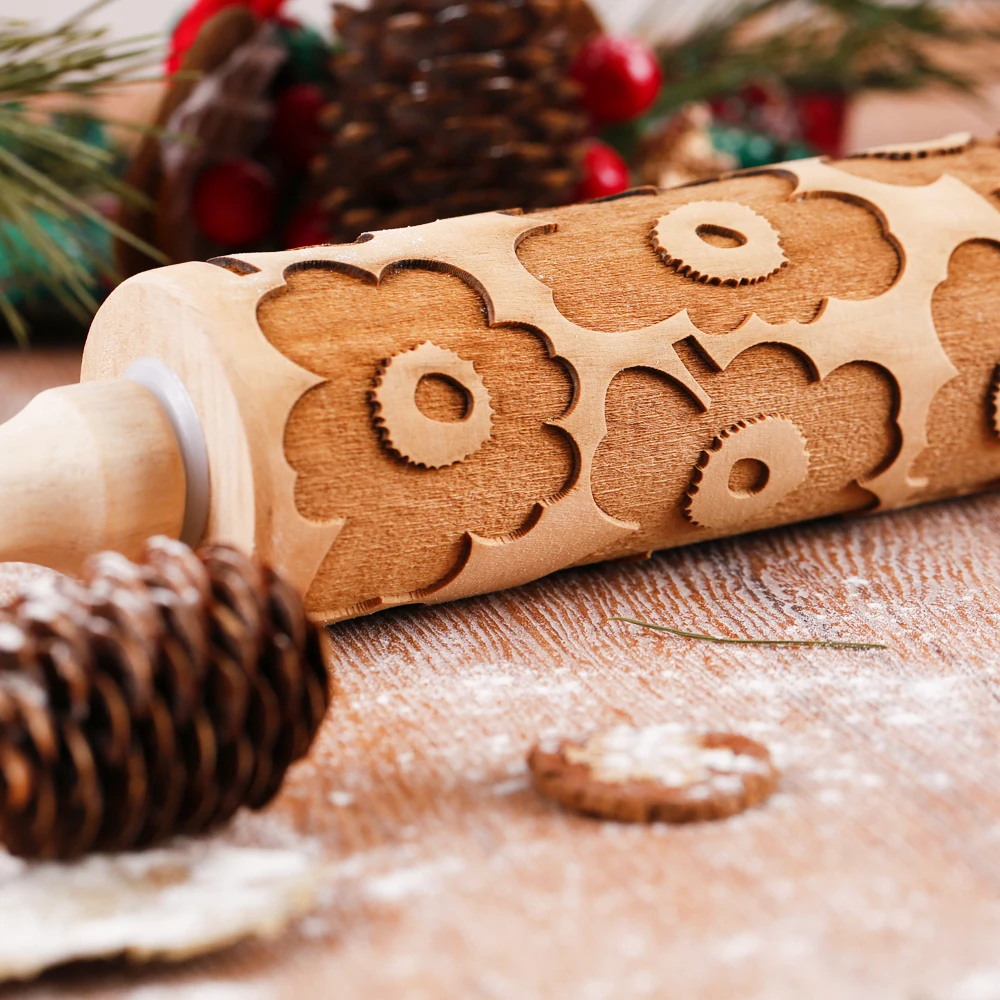 1pc 13.7in Wooden Big Flowe Embossed Rolling Pin For Kitchen Pastry Baking Tools,Flower Deep Engraving Cookies Stamp Tool