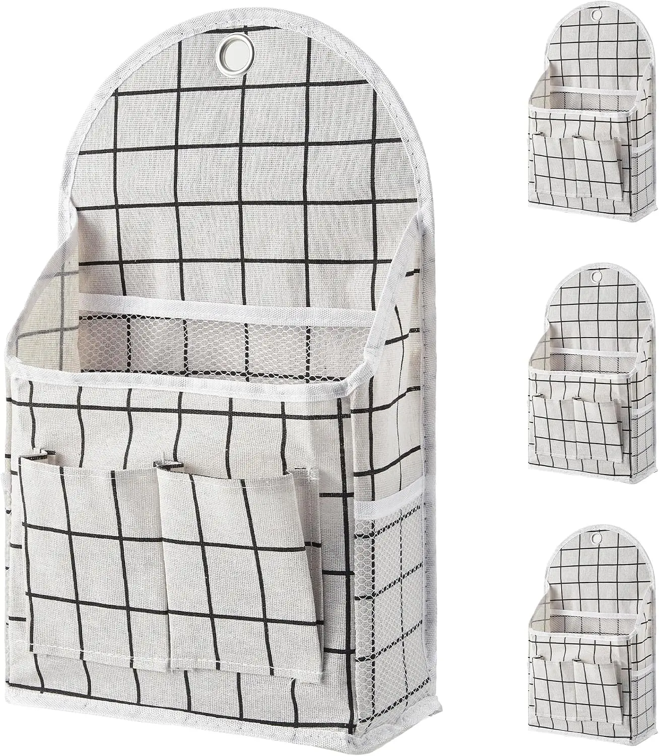 Garvee Space-Saving Wall Hanging Organizer Bags - Cotton Linen, Waterproof, Metal Grommet Hooks, Mesh Front & Side Pockets - Closet Storage Solution - 4-Pack, White Checkered, 23x9x40cm