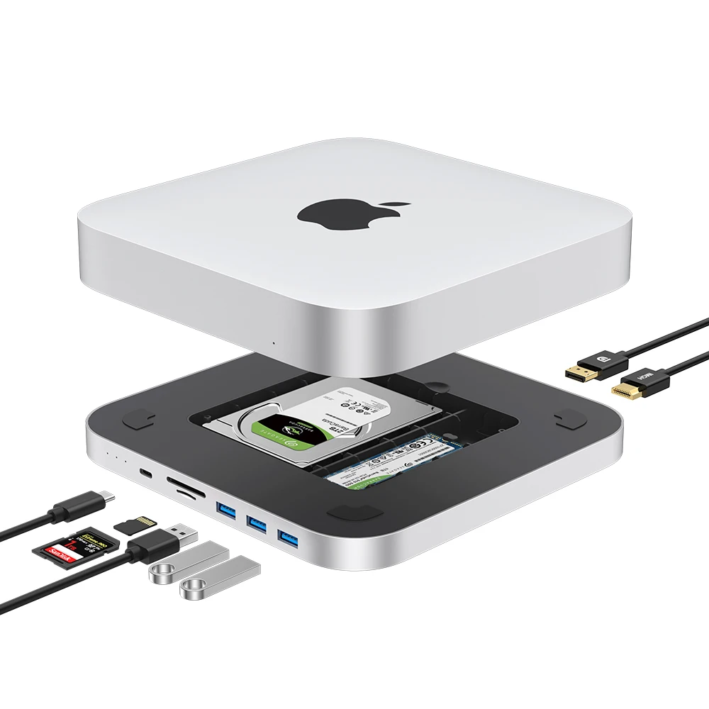 Qwiizlab USB C Hub untuk Mac Mini M2 M1 dengan Dual Drive Enclosure SATA NVMe M.2 SSD Type-C 10Gbps SD TF Card Reader Docking Staion