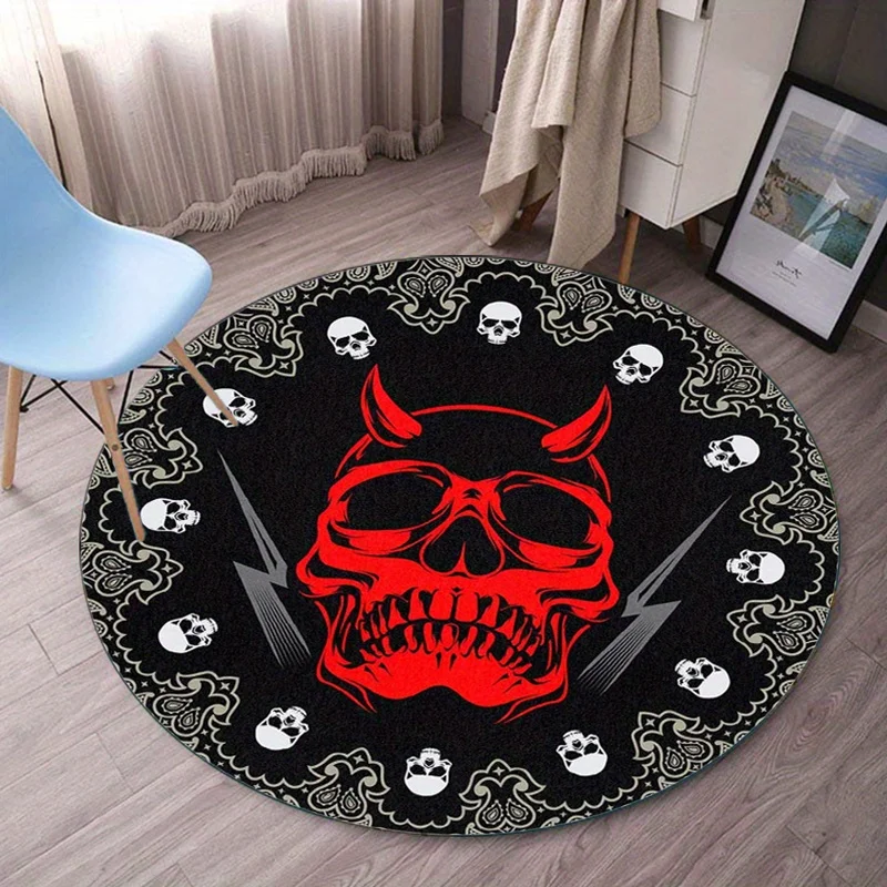 Red Devil Skull Round Rug Gothic Horror Design Black Background Skulls Pattern Rock Music Band Decor Heavy Metal Theme