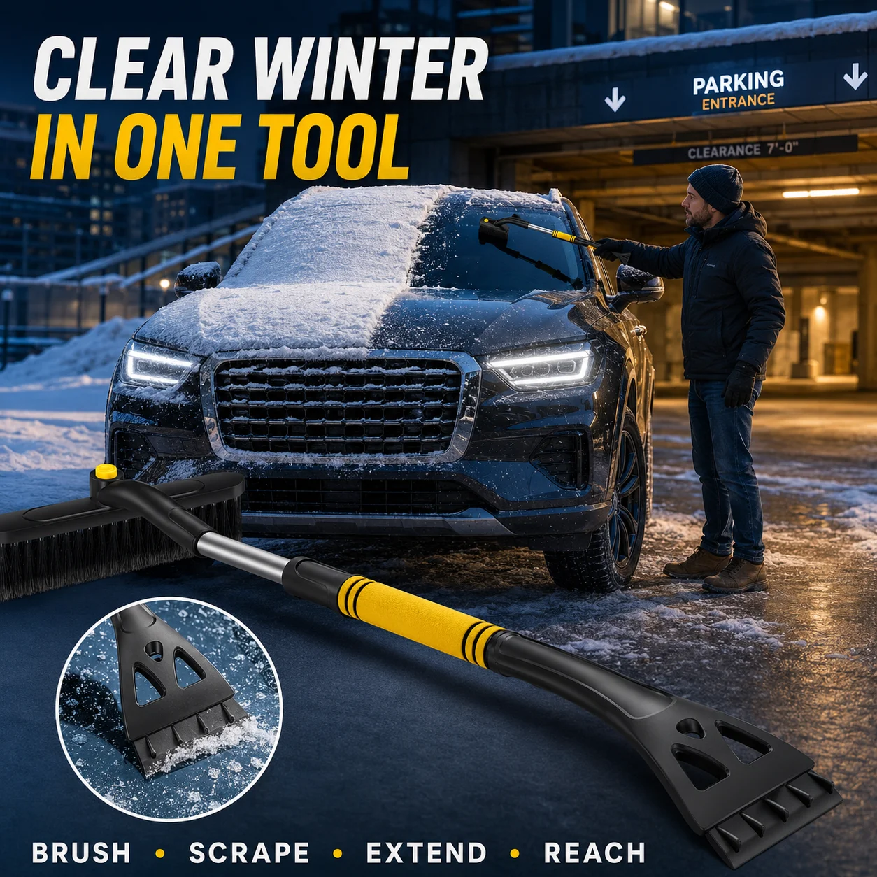 Long Handle Car Snow Brush with Ice Scraper, 2 in 1 Extendable Windshield Frost Remover, Winter Accessory for Trucks SUVs Auto