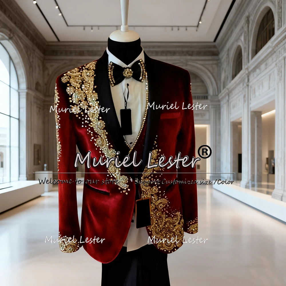 

Luxury Beaded Stones Suits Men For Wedding Peaked Lapel Blazers Customized 2 Pieces Male Fashion Groom Tuxedos costume homme