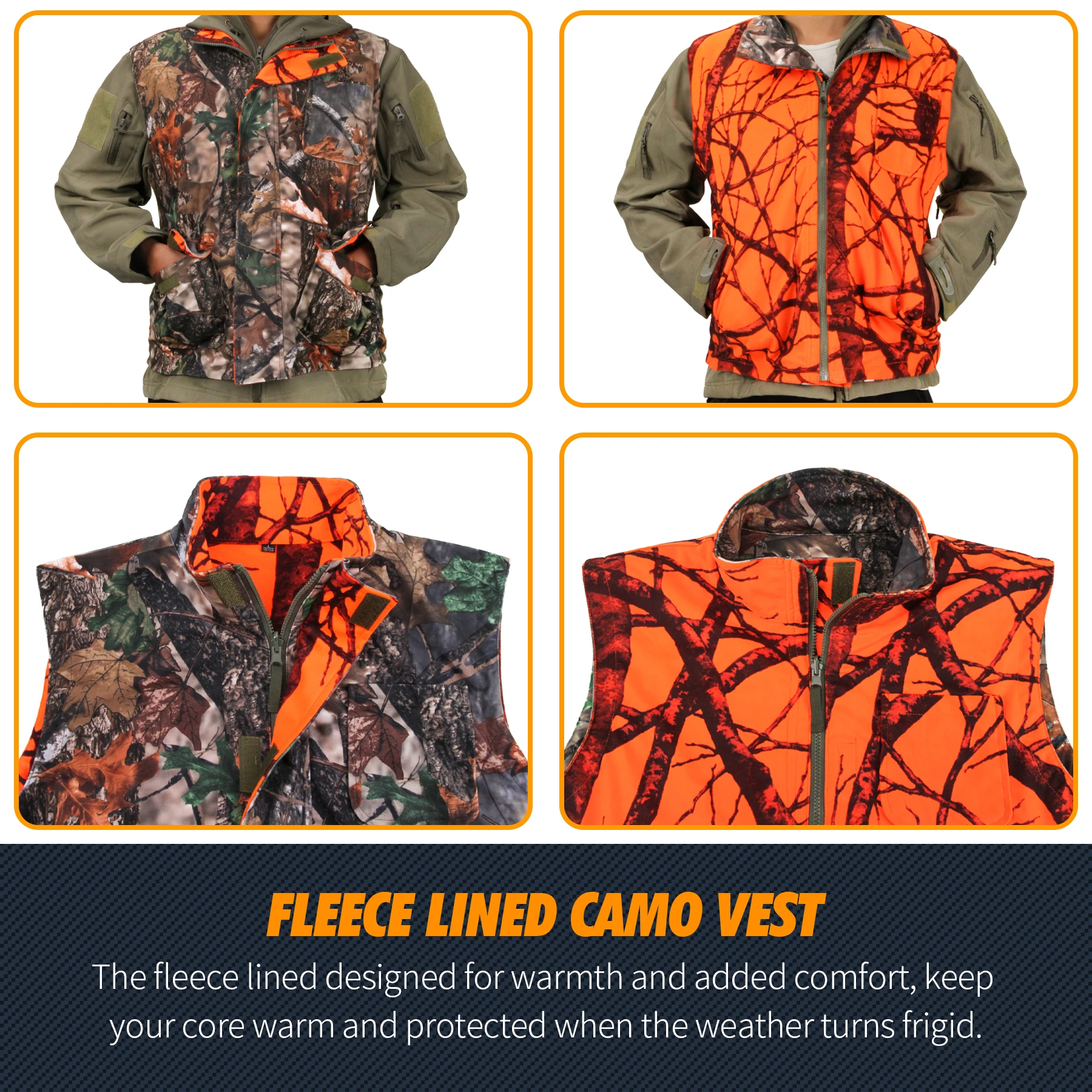 GUGULUZA Orange Camo Hunting Vest Fleece Game Waistcoat Two side Vest Sleeveless Safety Vest Outdoor Hiking Fishing Hunting