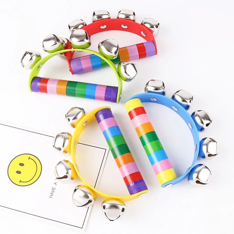 Giocattoli in legno per bambini Stick 5 Jingle bambini campane per bambini arcobaleno Shake a mano campana sonagli giocattolo educativo per bambini-consegna casuale