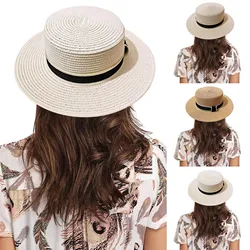 NEW Spring Summer Straw Hats for Women Round Bumpy Surface Flat Top Bowknot Dress Cap Travel Beach Sun Hat Round Top Hat Travel