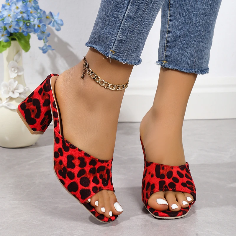 High Heels Sandals Woman 2024 Red Leopard Print Slippers Luxury Shoes for Women Women\'s Mules Flip Flops Beach