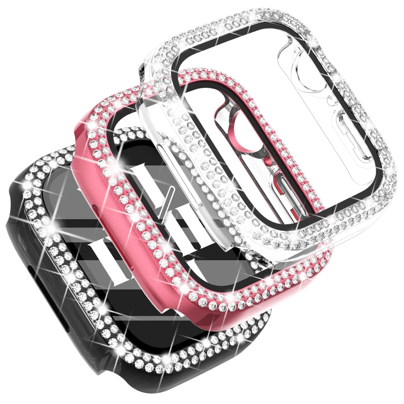 Diamant-Abdeckung für Apple Watch-Gehäuse 45 mm, 41 mm, 38 mm, 42 mm, 44 mm, 40 mm, gehärtetes Glas + Stoßstange, Displayschutzfolie, Serie 9, 8, 7, 6, 5, 4, 3 SE