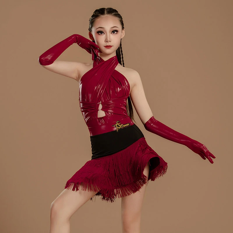 

Костюм для латиноамериканских танцев, раздельный комплект для тренировок, глянцевые бретельки, тренировочный костюм с юбкой-полусолнце с бахромой