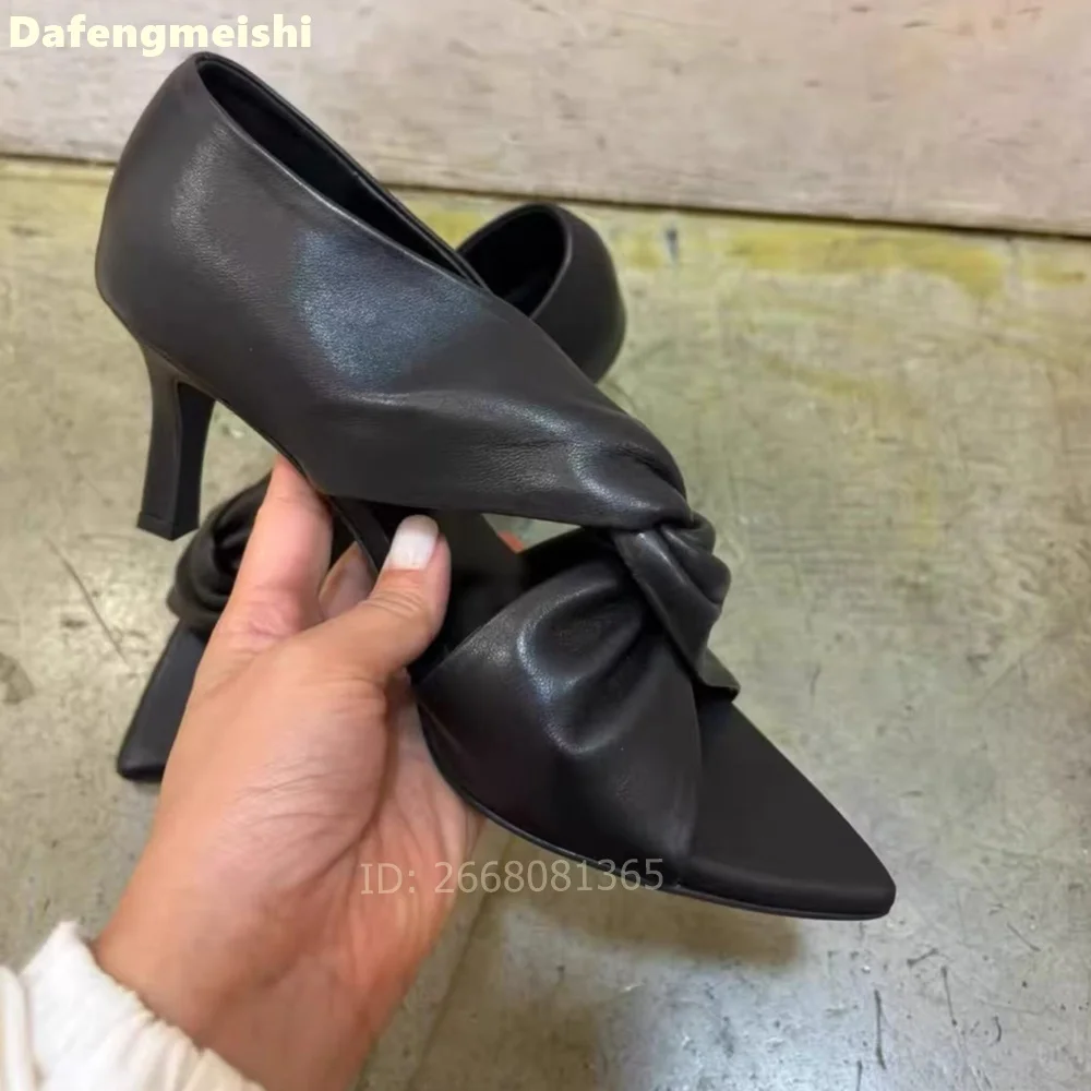 Sandalias de cuero negro con nudo trenzado para mujer, zapatos de tacón medio con punta puntiaguda, zapatos elegantes informales de verano para oficina y fiesta, talla 35-40
