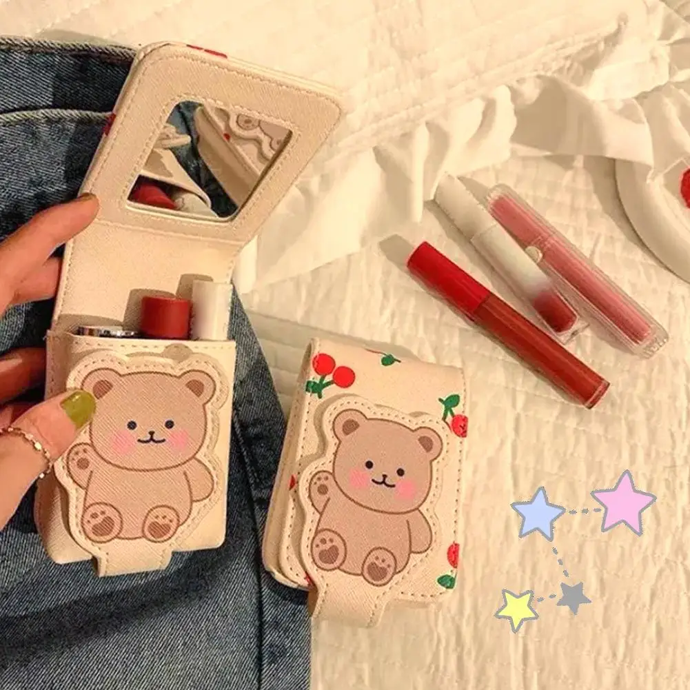 Bolsa de maquiagem portátil de viagem para mulheres, Little Teddy Bear Lipstick Bag com espelho, Mini sacos de armazenamento, saco cosmético, capa protetora