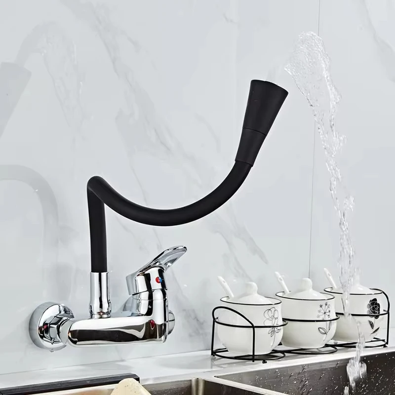 Wall Mounted Kitchen Faucet Kitchen Mixer Kitchen Sink Faucet 360 Degree Free Rotation Flexible Hose Double Hole