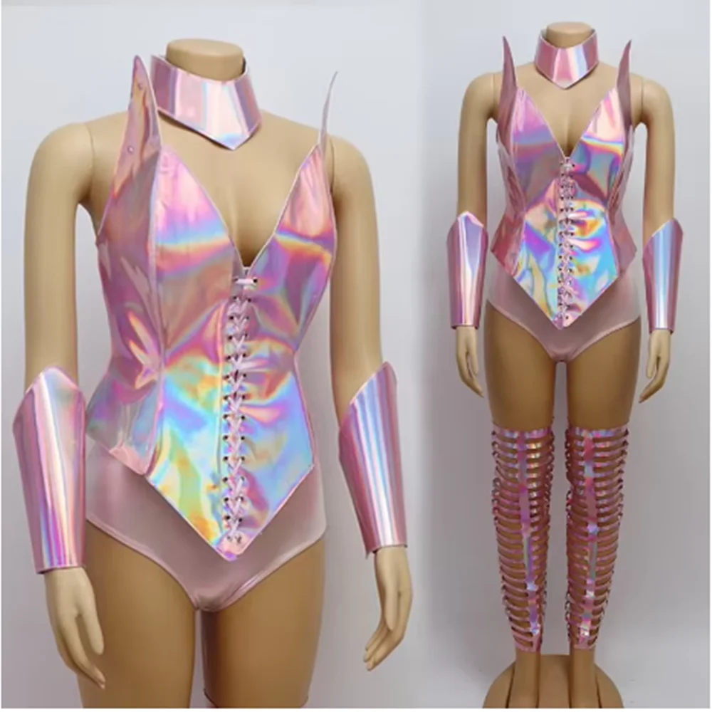 レーザーアーマージャンプスーツゴーゴーショーステージ衣装ドラッグクイーン服ナイトクラブバーカラーズレイブウェアカーニバルファンシーコスチュームピンクyj750