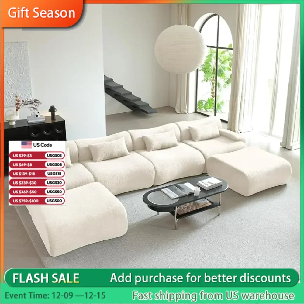 

Beige Modular Sectional U Shaped Sofa with 4 Seat & 2 Ottoman,Floor Bamboo Shaped Cloud Couch with Chaise,Living Room Sofas.