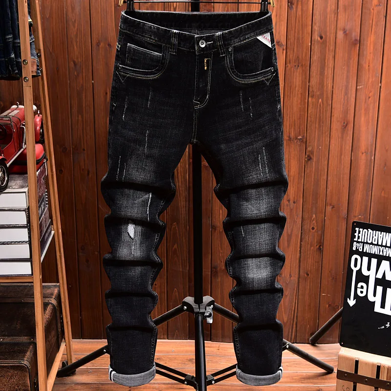 Jeans da strada alla moda in stile coreano da uomo, pantaloni lunghi retrò a tubo dritto in denim elastico a gamba piccola slim fit