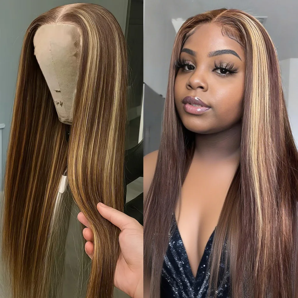 

4/27 Выделите Прямой 100% Парик Человеческих Волос Бразильский Медово-Коричневый Цвет 13x4 Парики Фронта Шнурка Предварительно Сорванные Парики Фронта Шнурка 13x6