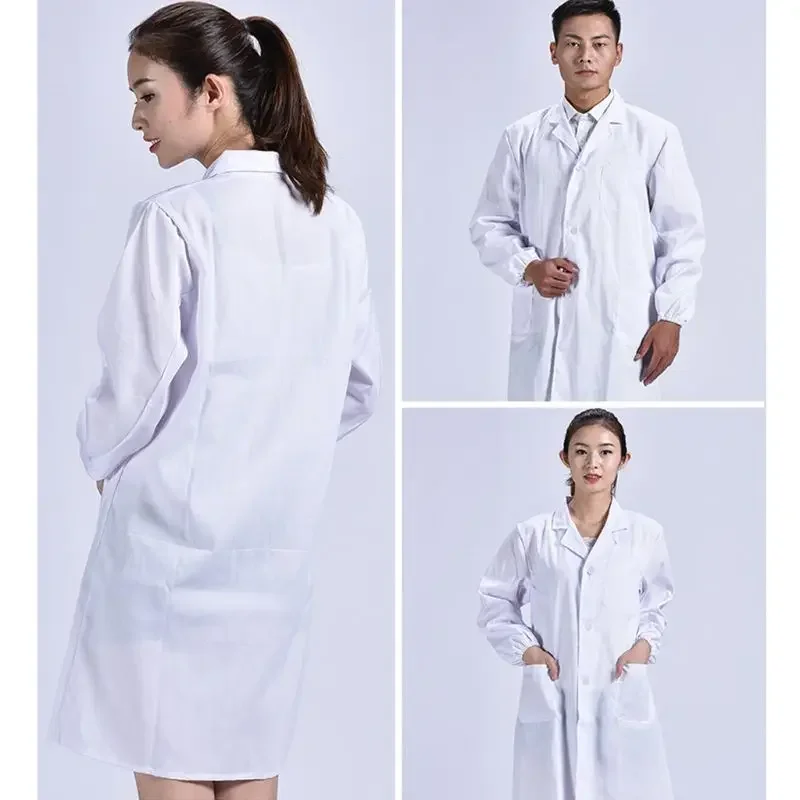 Unisex manga comprida jaleco, lapela colarinho, botão baixo, médico médico blusa, branco