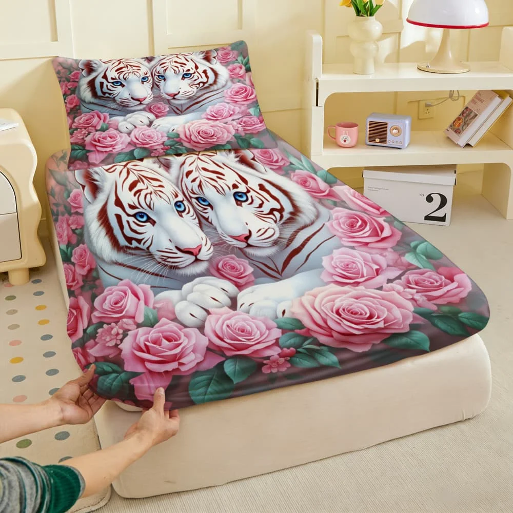 1pc White Tigers with Pink Roses Print Fitted Sheet Deep Pocket Elastic Mattress Cover Single Double Queen King Bedroom Decor