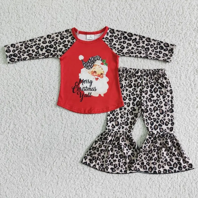 Wholesale Kids Children Long Sleeves Christmas Santa Ruffle Tops Toddler Clothing Leopard Bell Bottom Pants Set Baby Girl Outfit