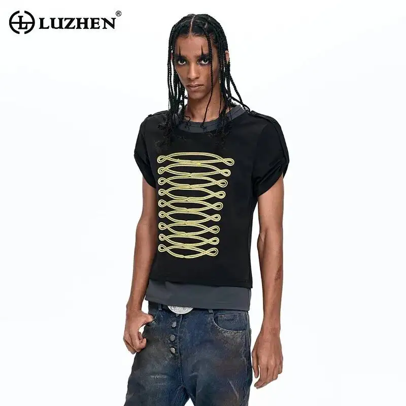 LUZHEN Short 2026 Summer Double Layer Fake Two Piece Design Sleeve T-shirts Men's Trendy Original Weave Patchwork Clothes JY8018