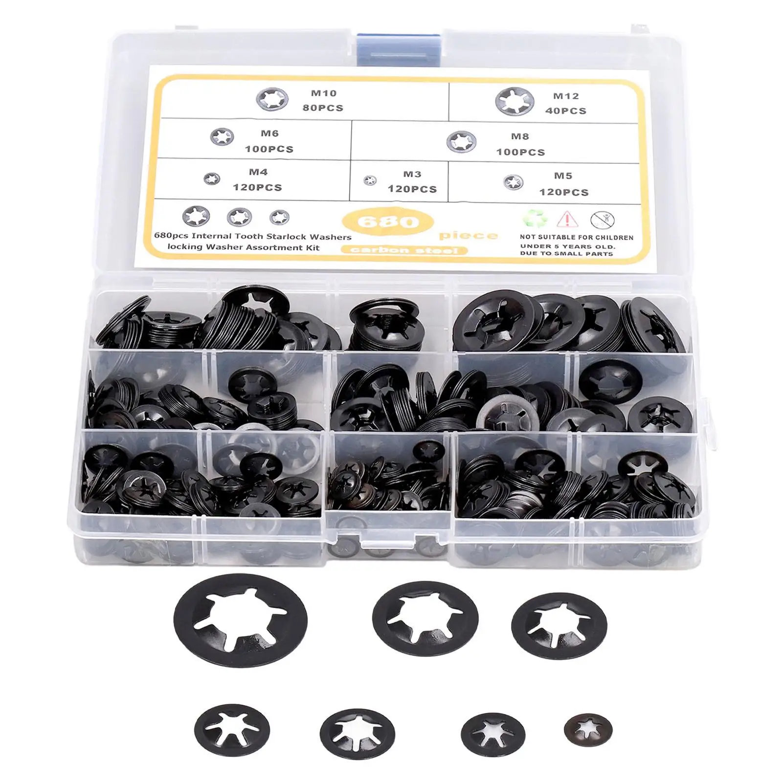 680 Pcs Starlock Washers Set - Flat Locking Internal Tooth Assortment Kit, Carbon Steel M3-M12, Ceramic Washers