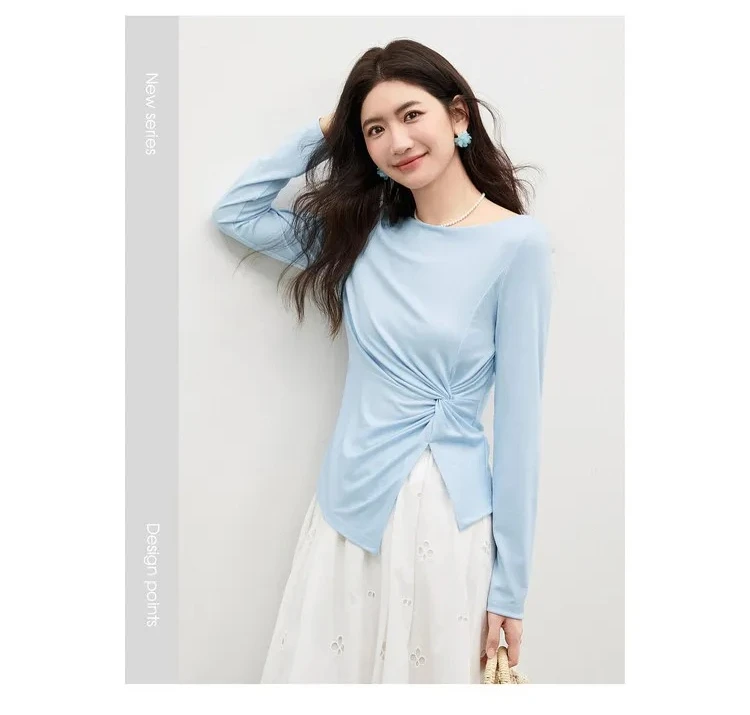 SENTUBILA Lyocell-T-Shirts für Damen, Frühling 2026, schulterfreier Ausschnitt, verdrehter, unregelmäßiger Saum, schlichte Strickoberteile W61TL5033 – Detail 7