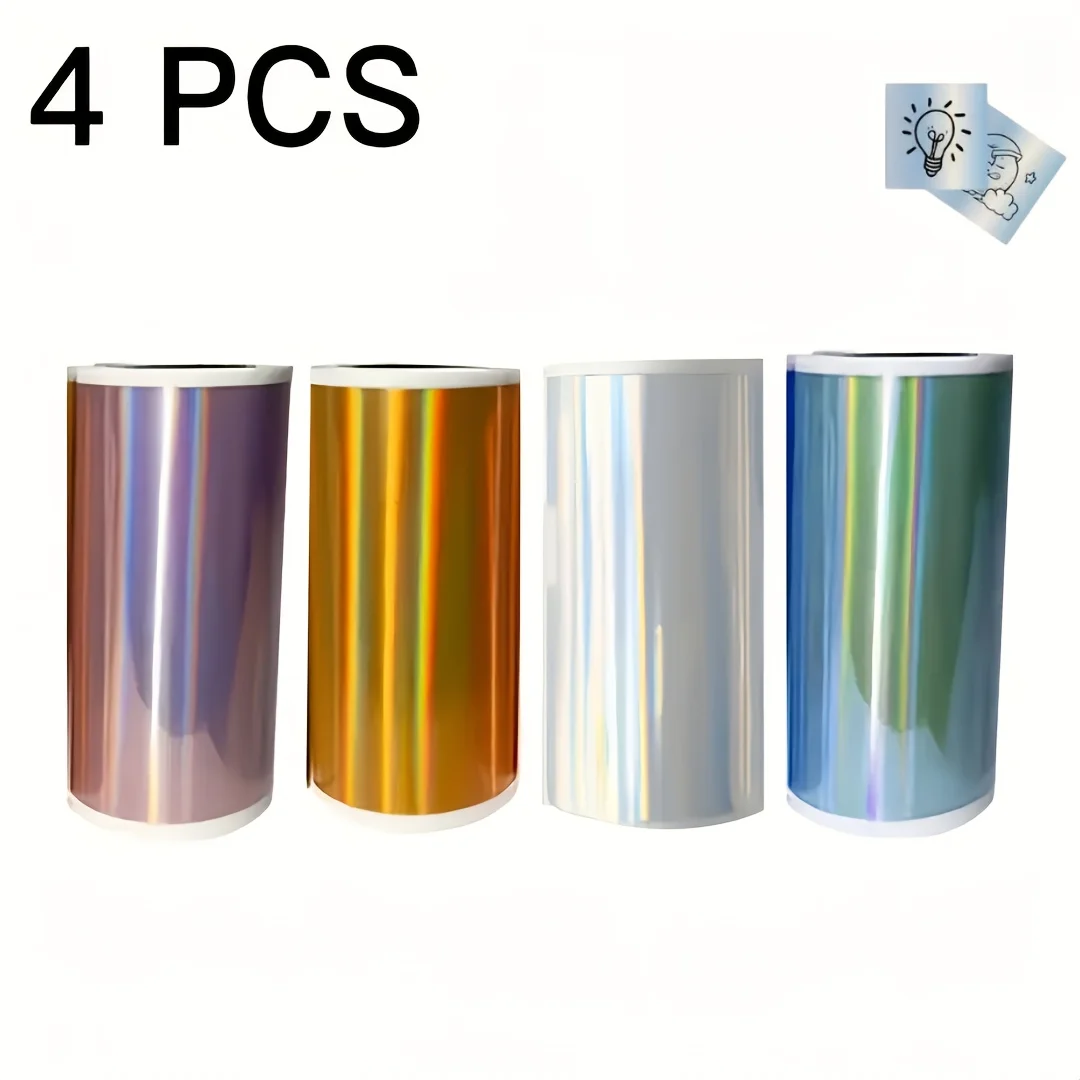 4 Rolls 57mm Holographic Laser Color Transparent Thermal Label Sticker Roll Self Adhesive Compatible for Mini Portable Printer