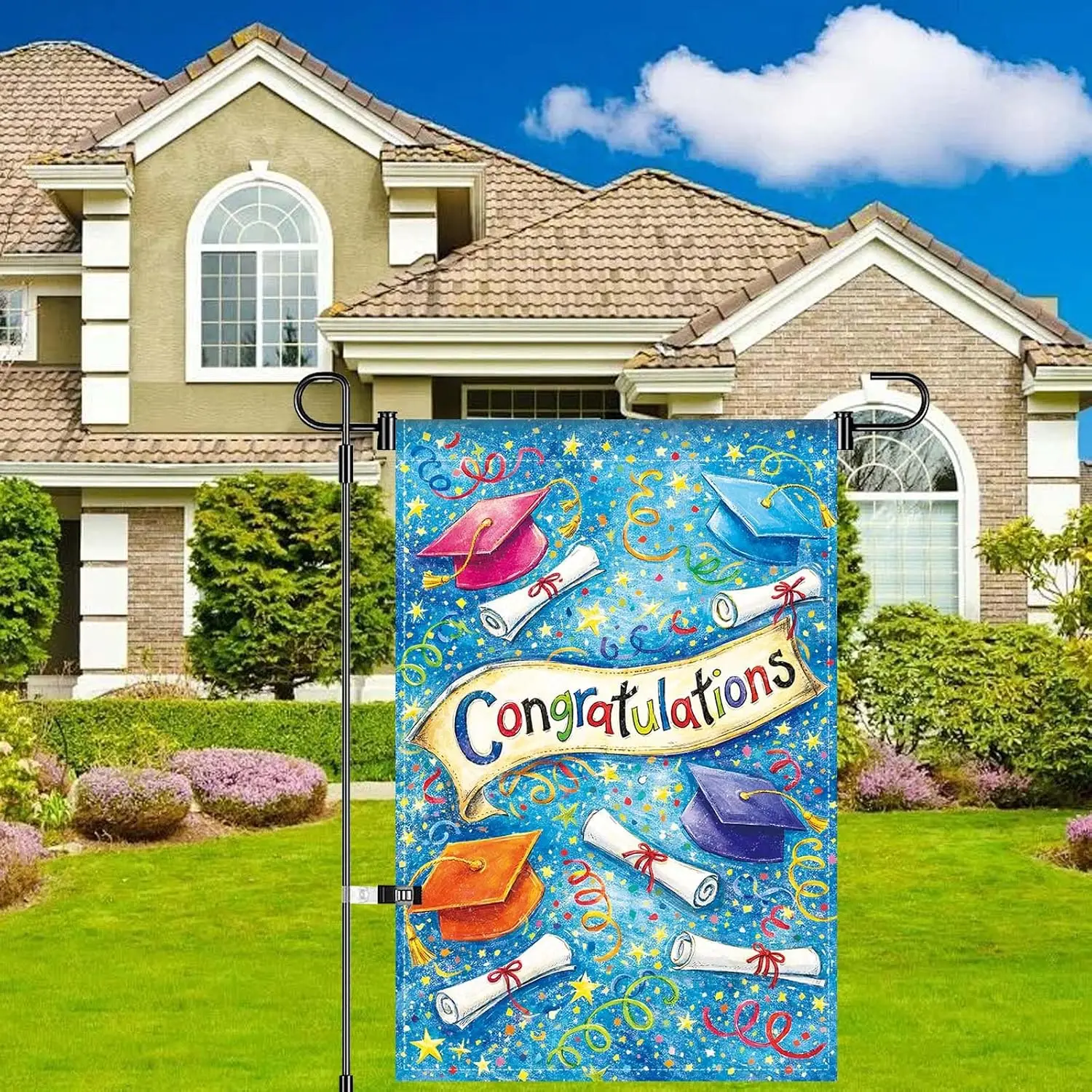 Congratulations Garden Flag Graduation Theme with Caps and Diplomas Banner 12x18 Inch Double Sided for Outdoor Patio Lawn Ho MMZ