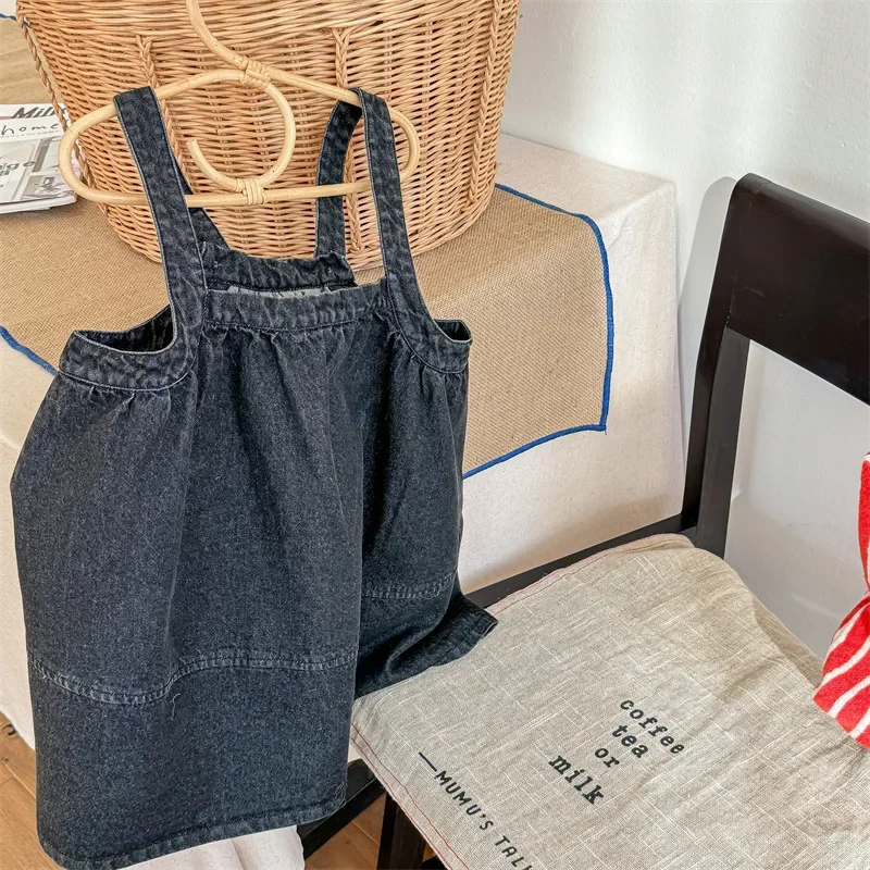 

Girls Denim Suspender Skirt 2025 Spring and Autumn New Simple Korean All-match Solid Color Loose Casual Denim Suspender Skirt