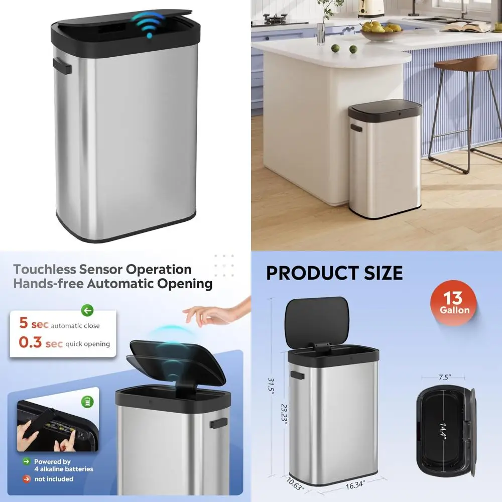 

Large Capacity 50 Liter Touchless Trash Can with Motion Sensor and LED Indicator, Stainless Steel Automatic Waste Bin