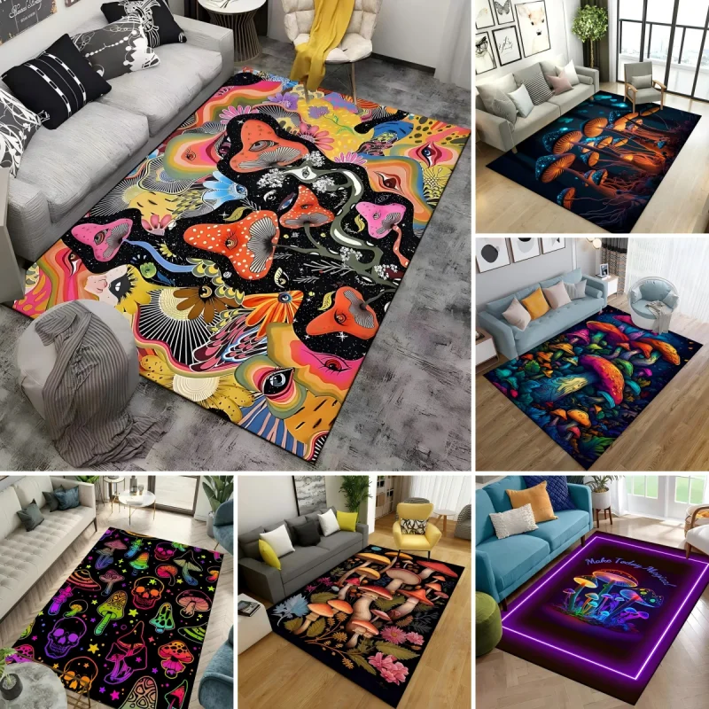 Psychedelic Mushrooms Felt Carpet Polyester Anti-slip Mat Corridor Sofa Bedroom Living Room Bathroom Washable Comfortable Rug