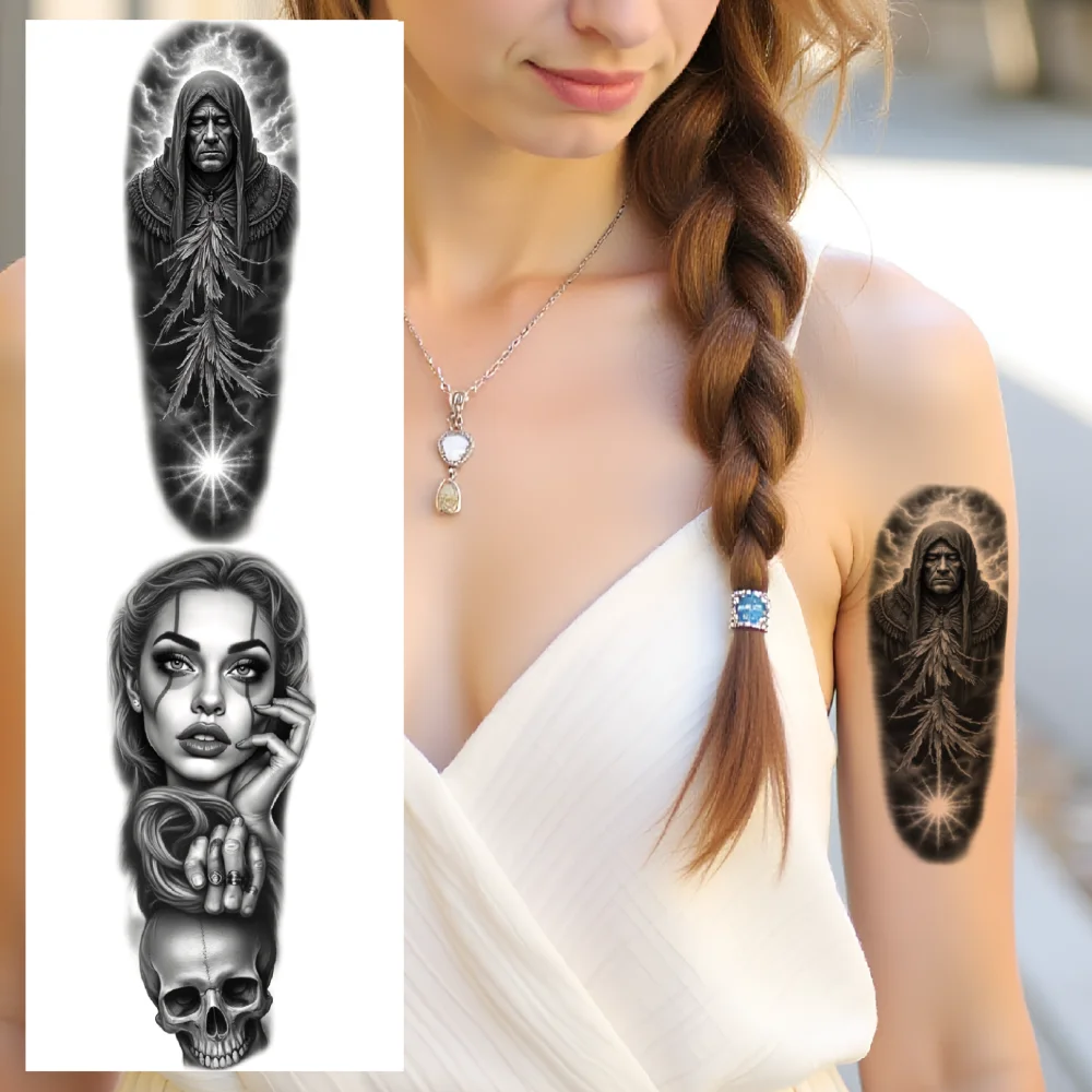 

12pcs Temporary Tattoo Black And Grey Realism Serpent Head Mystical Woman Skull Woman For Adults Arms Men