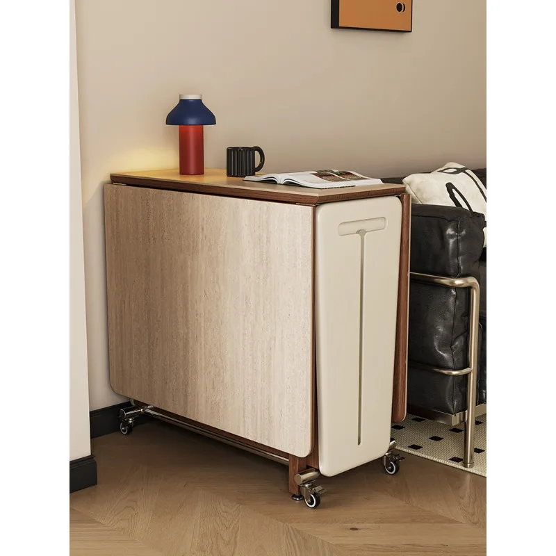 Small reunion multi-functional solid wood folding dining table, small household rock slab dining side cabinet