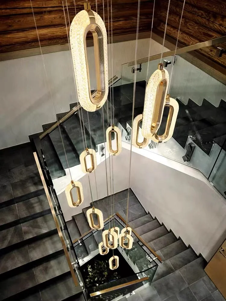 

Stair chandelier Nordic creative personality round led light rotating duplex building loft simple modern long chandelier