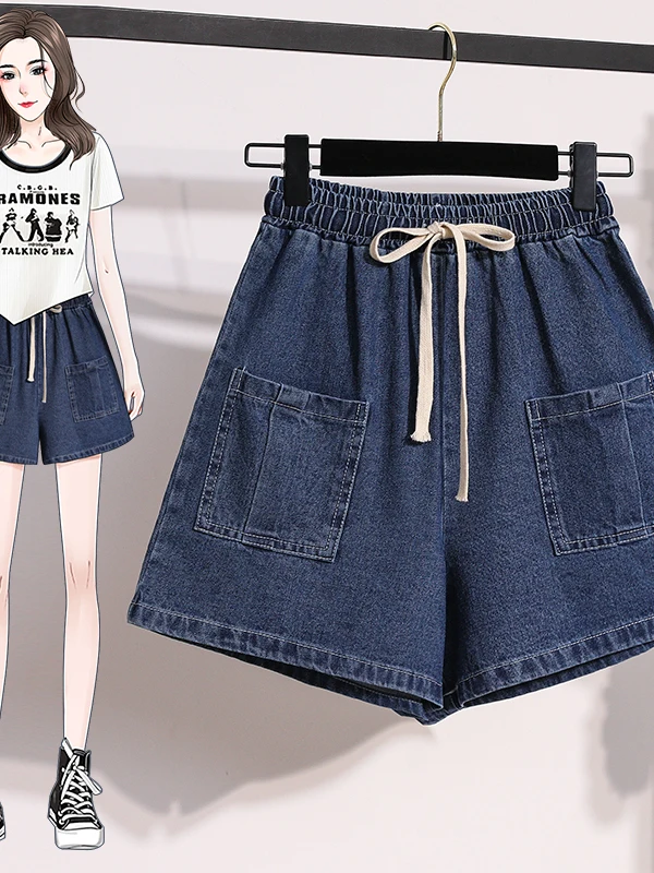 

Джинсовые брюки с высокой талией и эластичной резинкой на талии, женские летние новые свободные широкие брюки больших размеров, повседневные шорты