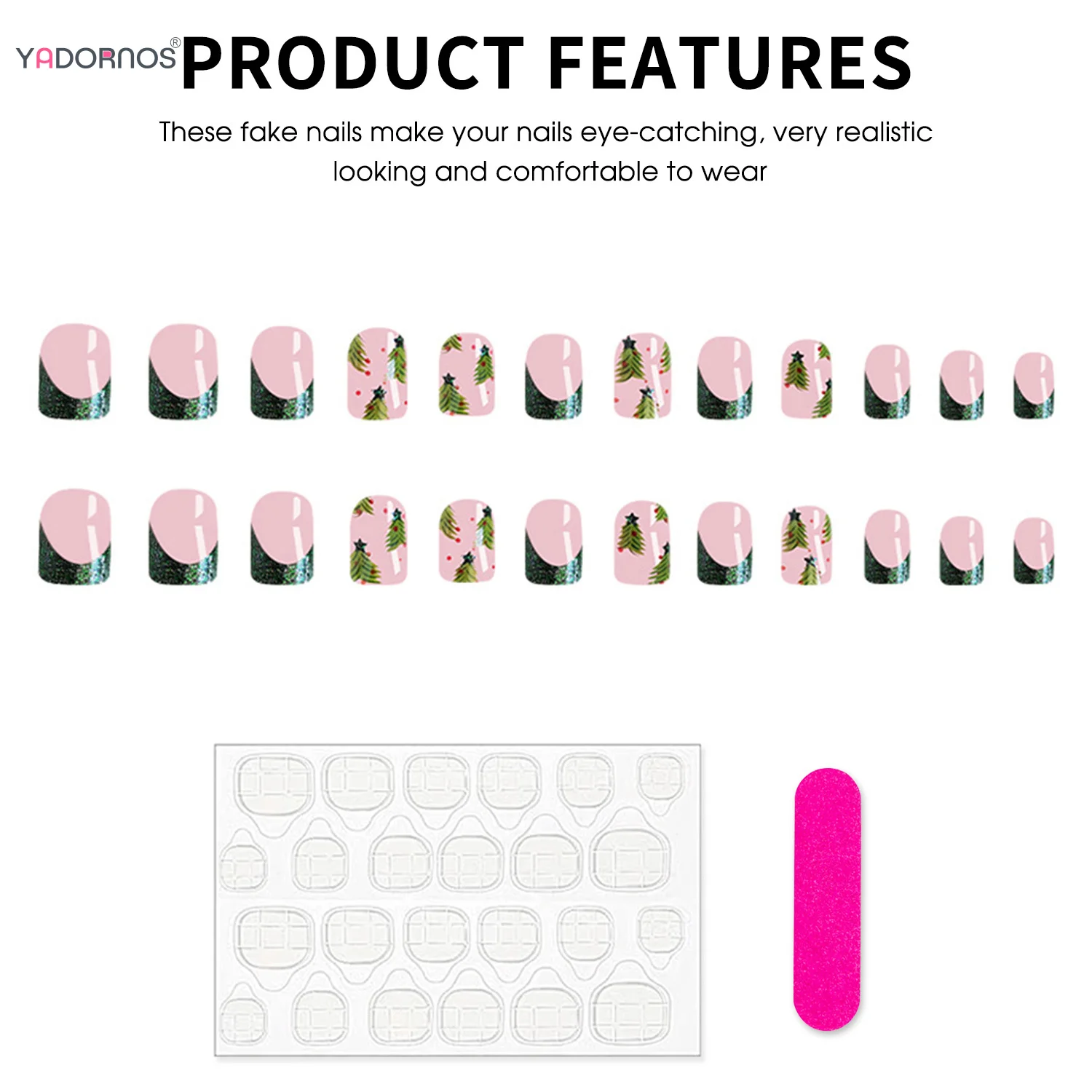 24 قطعة قصيرة مربعة عيد الميلاد وهمية مسمار نصائح بريق الأخضر النمط الفرنسي اضغط على الأظافر مع تصاميم شجرة عيد الميلاد بسيطة مانيكير
