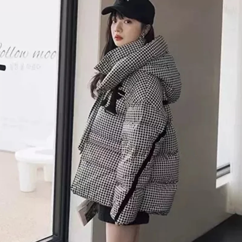 Winter Women\'s White Duck Down Plaid Casual Down Jacket Fashion Thin Loose Coat Thickened Warm Women\'s Down Jacket Cotton Coat