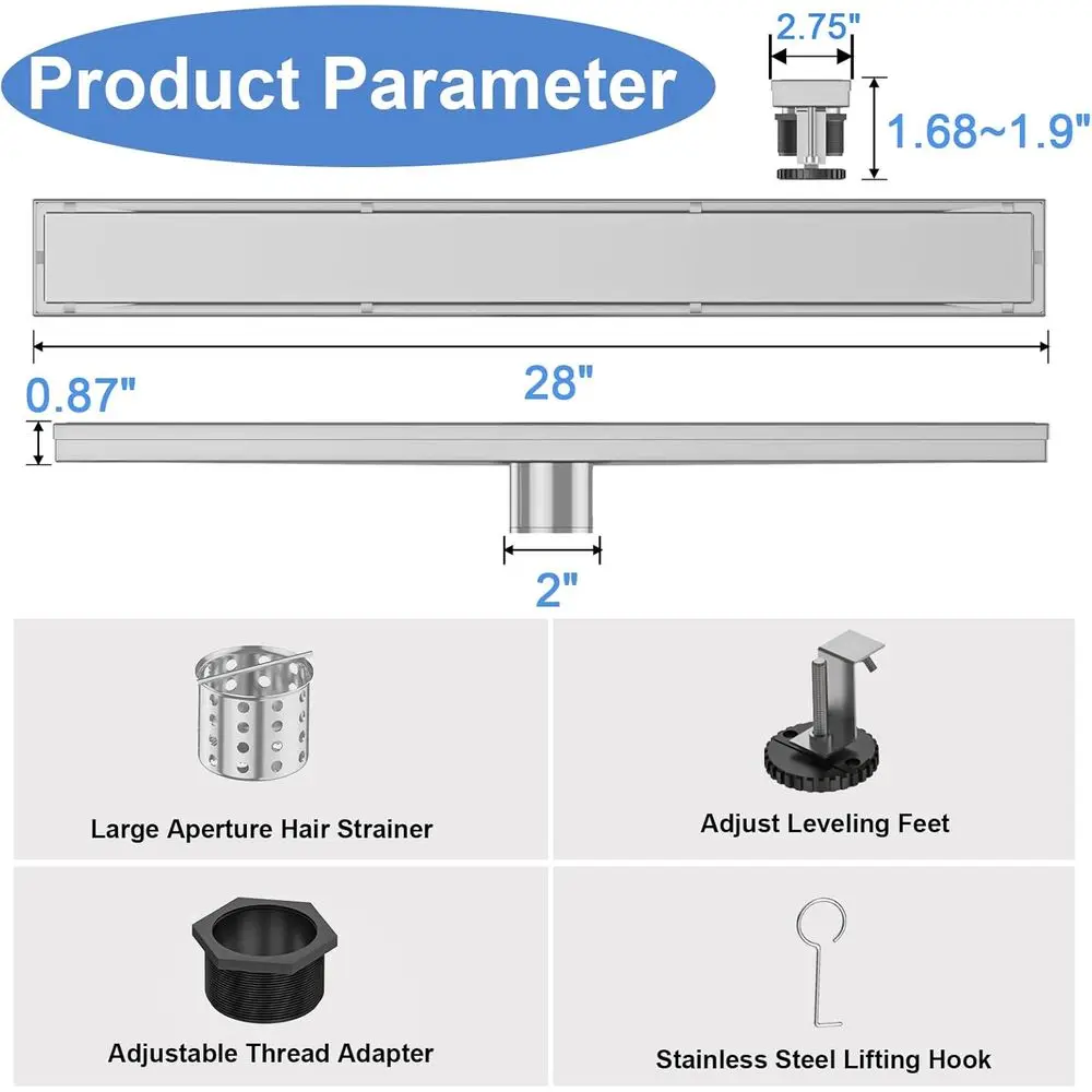 28 Scarico per doccia lungo in nichel spazzolato con inserto per piastrelle, acciaio inossidabile SUS 304, piedini regolabili, raccogli capelli per bagno