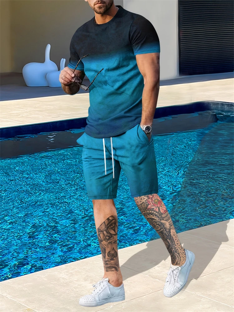 

Городская уличная одежда, мужской комплект с круглым вырезом и короткими рукавами, уличный минималистичный топ с градиентом и круглым вырезом, повседневный удобный комплект с шортами